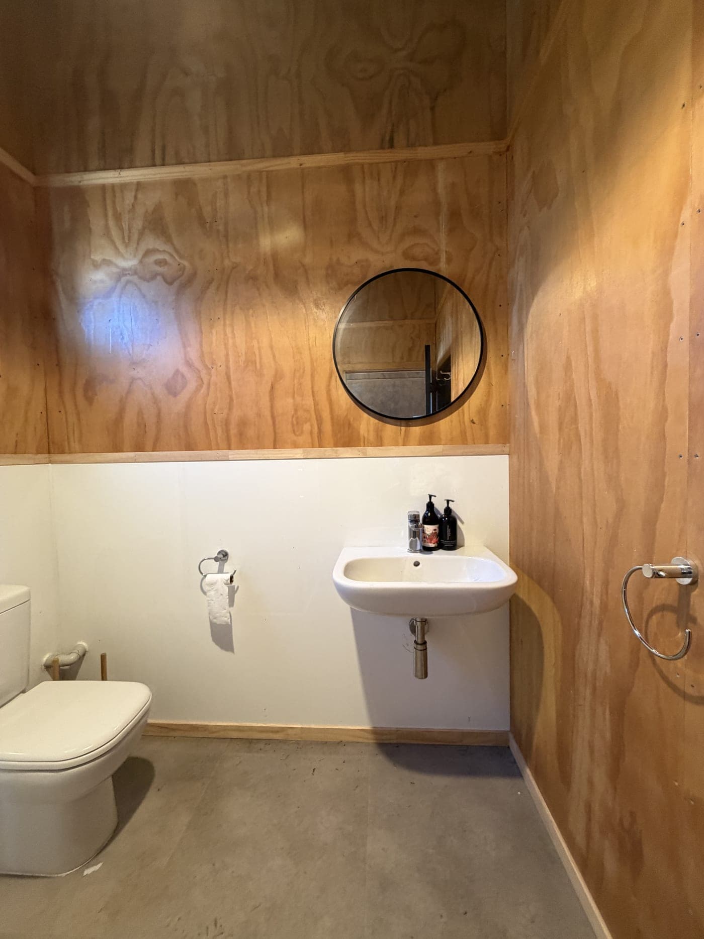 Wall-hung vanity, round mirror and toilet against the shed's plywood lining